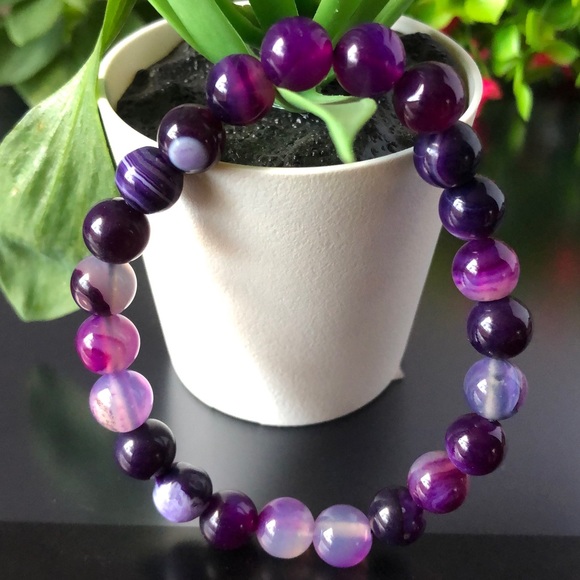 Purple Stripes Agate 8mm Natural Stone Beads Stretchable Bracelet - Picture 2 of 5
